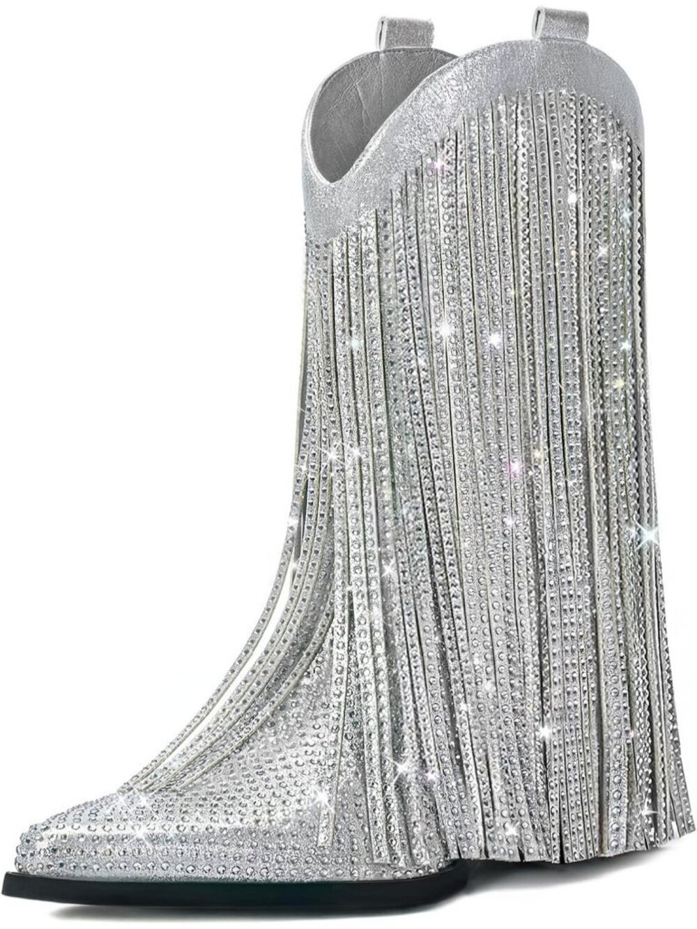 Women's Silver Bling Faux Suede Cowgirl Boots Star Studded Mid Calf Chunky Heels